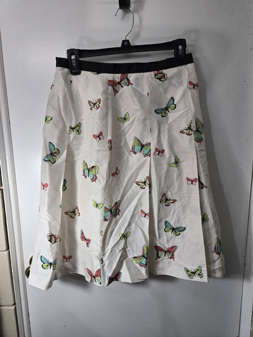 Grace Elements Women's White Butterfly Print Pleated Midi Skirt 100% Silk Glam